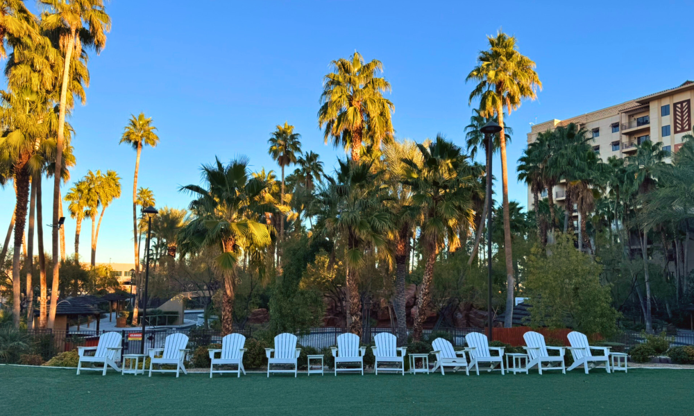 Row of white lounge chairs on a grassy lawn surrounded by palm trees at a Tahiti Village Resort& Spa.
